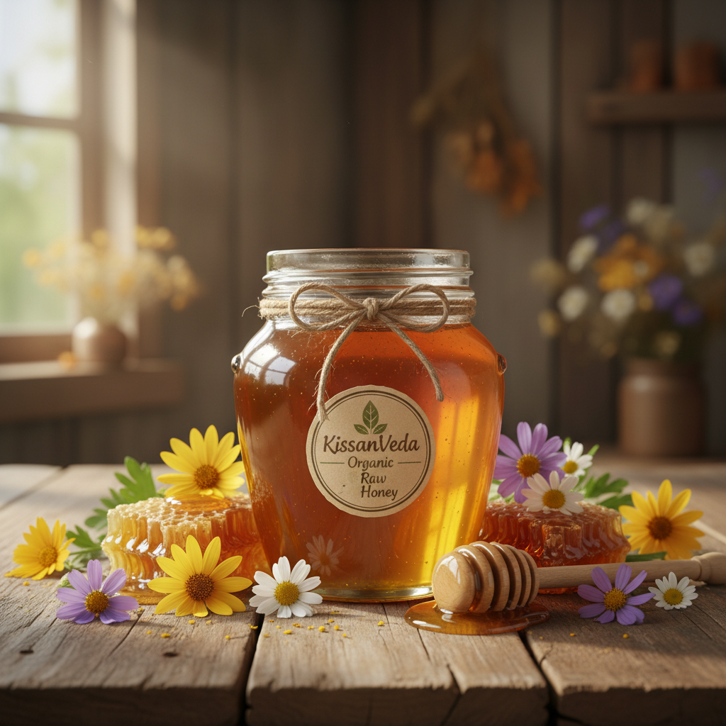 KissanVeda Raw Forest Honey in a rustic glass jar